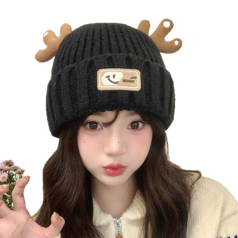 Cute deer thickened double-layer wool hat women's autumn and winter warm ear protection knitted hat big head circumference bag head cold hat