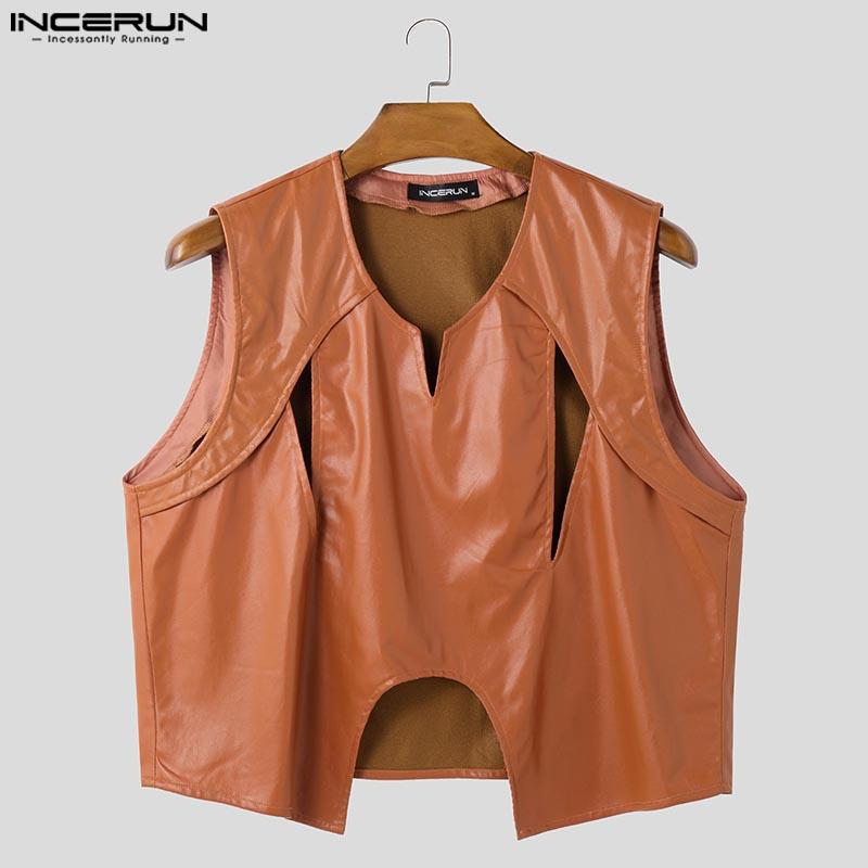 INCERUN Мужские повседневные свободные майки из искусственной кожи без рукавов с вырезом и ажурным узором