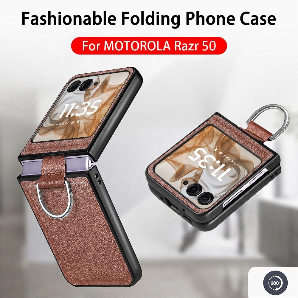 Case with Ring Lychee Pattern PU Leather for Motorola Razr 50 Ultra Mooto Razr 40 Phone Folding Screen Back Cover