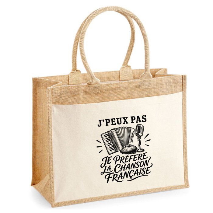 Sac Cabas Jute avec Poche J’peux pas je préfère la Chanson française J'peux pas minimaliste | Toile de Jute et Coton 21 L Fond Plat