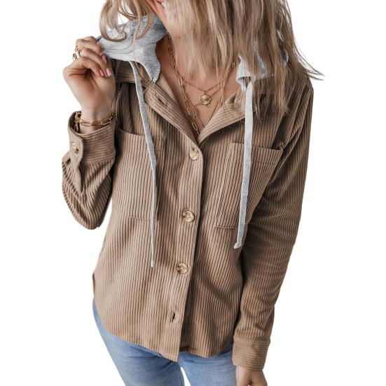 Весна Осень Женская Рубашка С Лоскутным Капюшоном И Нагрудными Карманами Завязывается На Шнурок Однобортная