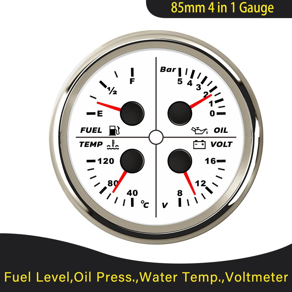 ELING 85mm Fuel Level 0-190 ohm 240-33 ohm Oil Pressure Water Temp Voltmeter 4 in 1 Multi-function Gauge Red Backlight 12V