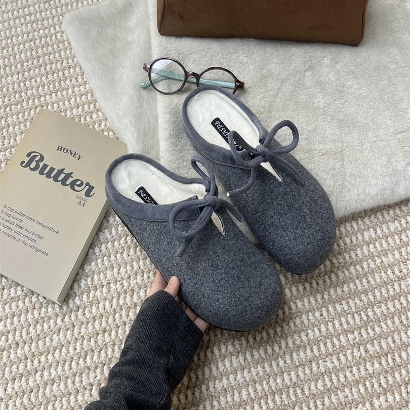 French Fairy Style Lamb Wool Lace-up Flat-bottomed Wool Shoes, Women Wear New Lazy One-pedal Thermal Cotton Shoes In Winter