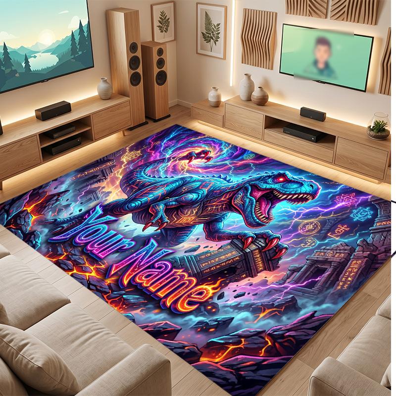 Dinosaur Theme Soft Crystal Velvet Rug Custom Name & Text Print Non Slip Floor Rug for Bedroom Living Room