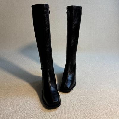 Версия из коровьей кожи~ ретро квадратный носок эластичные тонкие ботильоны женские 2025 новые черные на высоком каблуке рыцарские ботинки ботфорты