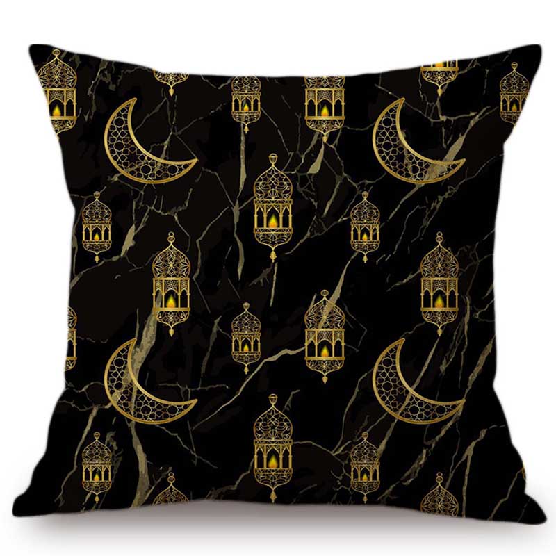 Muslim Arabic Eid Al Adha Mubark Decorative Pillow Case Black Marble Blue Brown Islamic Lantern Ornamental Design Cushion Cover