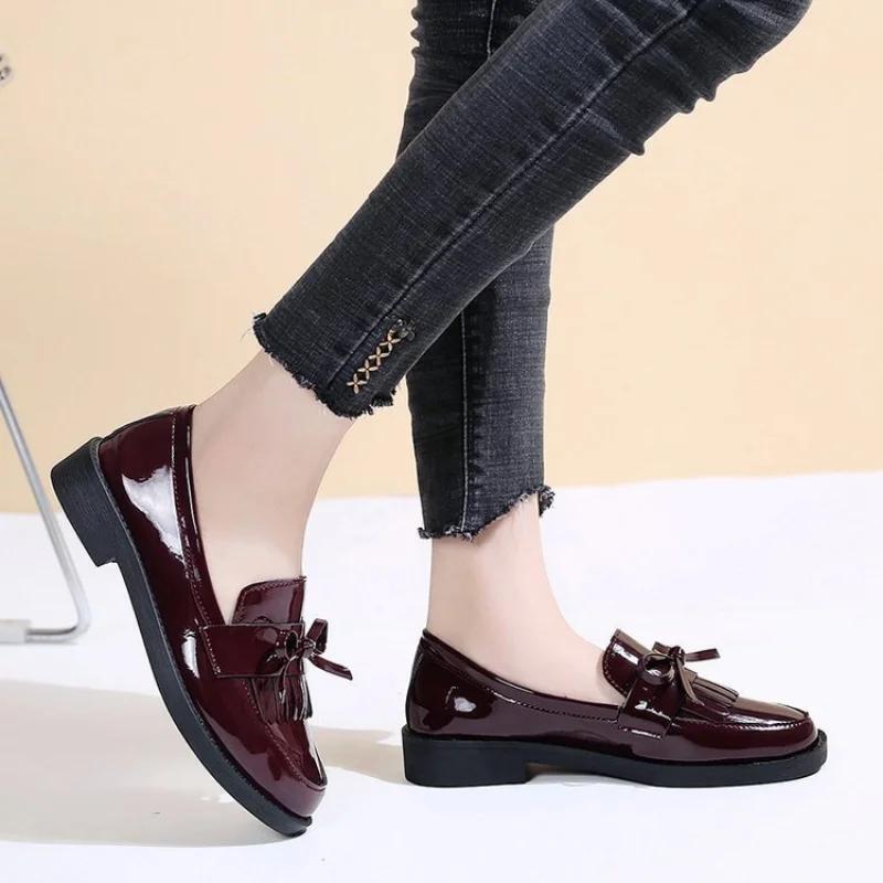 Women's Black Patent Leather Loafers Platform Slip On Shoes for Women New Spring British Tassel Casual Bowknot Flats Shoes