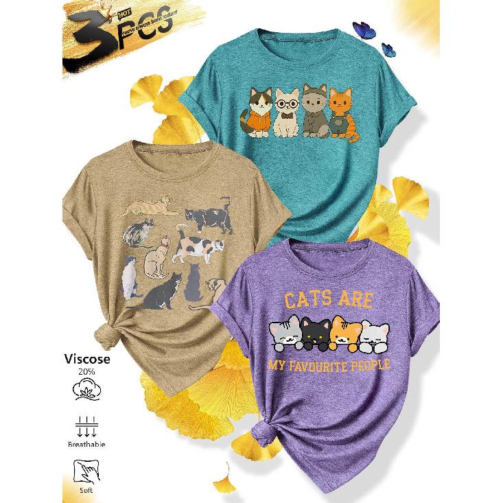 3Matching outfits for sisters' family gatherings Cartoon cat fun text print casual round neck top, fresh and versatile, made of soft knitted fabric,