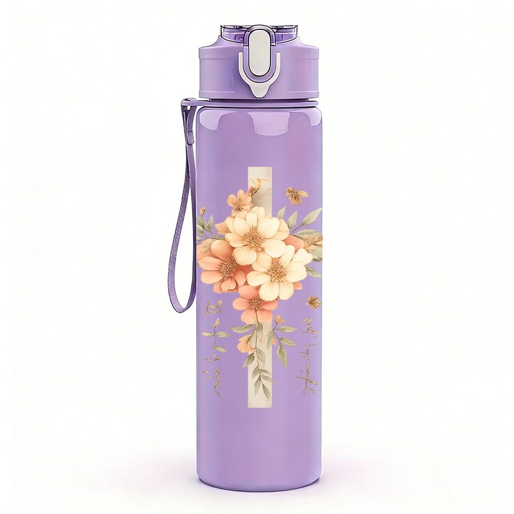 1PC Cross Flower Religious Art Print 750ml Color Plastic Sports Water Bottle Leakproof Flip Straw Lid Suitable for Sports Office Home Use