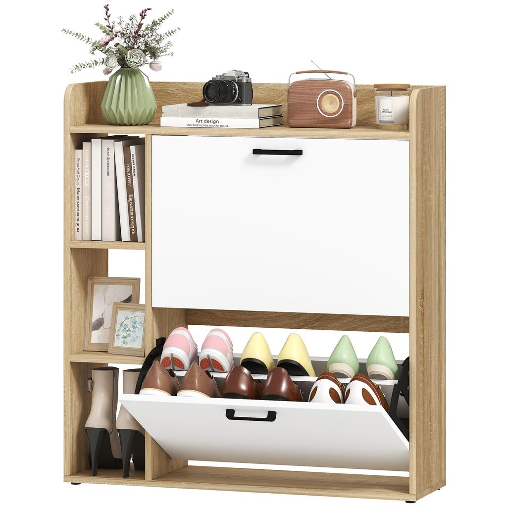Slim Shoe Rack, 2 Tilting Drawers, 3 Open Compartments, 15 Shoes, 83x24x90.5cm, Wood & White