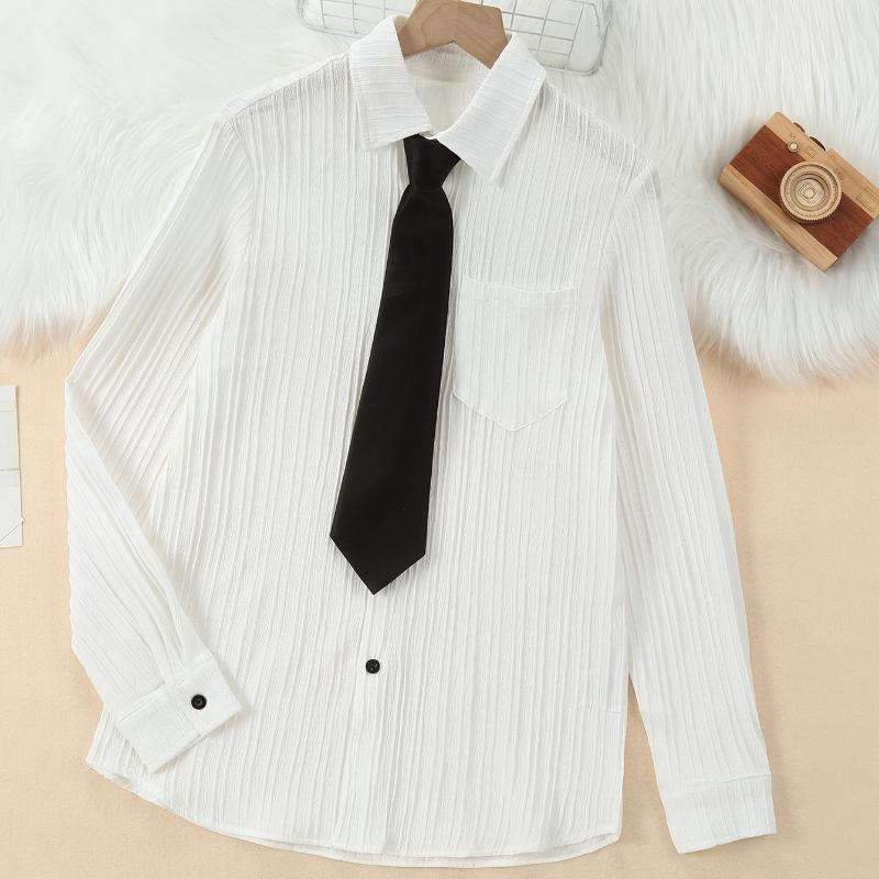 Студенческая форма, рубашка с галстуком, белая рубашка с длинными рукавами для мальчиков, блузка из гофрированной ткани для мальчиков с эластичным галстуком, верх