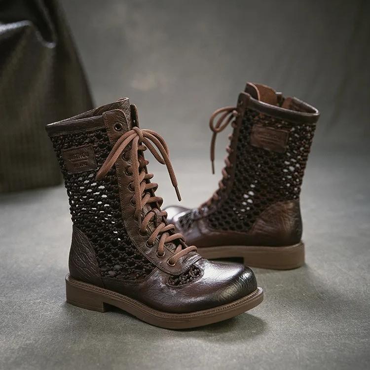 Johnature Ретро Дышащие Летние Ботильоны с Перфорацией из Натуральной Кожи Универсальная Модная Женская Обувь