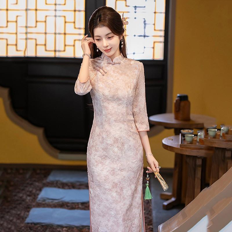 Womens Vintage-Inspired Long Sleeve Cheongsam Dress With Elastic Waist Fall Winter Plus Size Modest Fashion