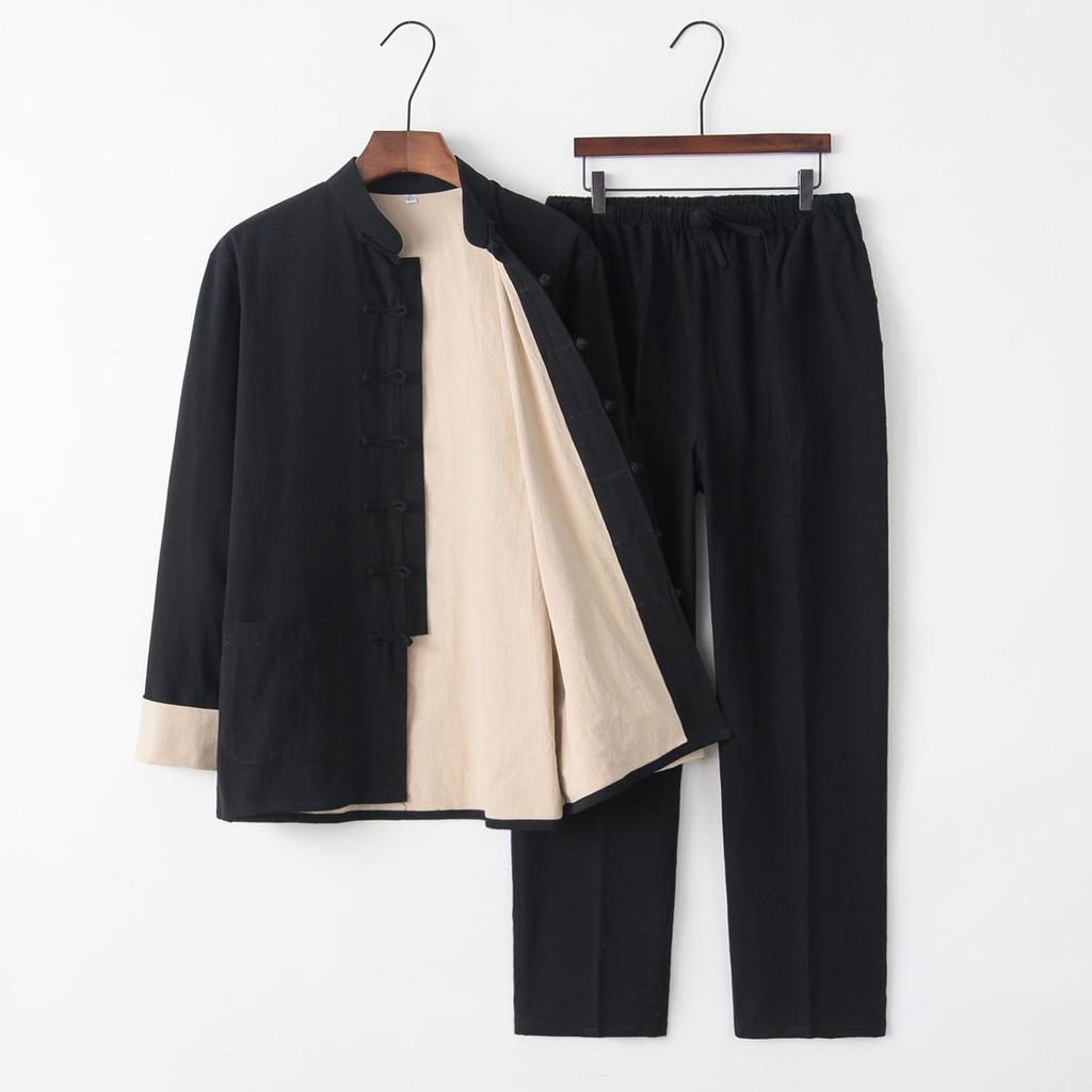 Men's Double-Layer Cotton Linen Tang Suit Set for Autumn/Winter: Zen Meditation & Tea Wear
