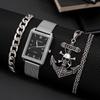 3PCS Set Men's Square Personalised Quartz Watch Stainless Steel Mesh Band Watch & Bracelet & Skull Anchor Necklace