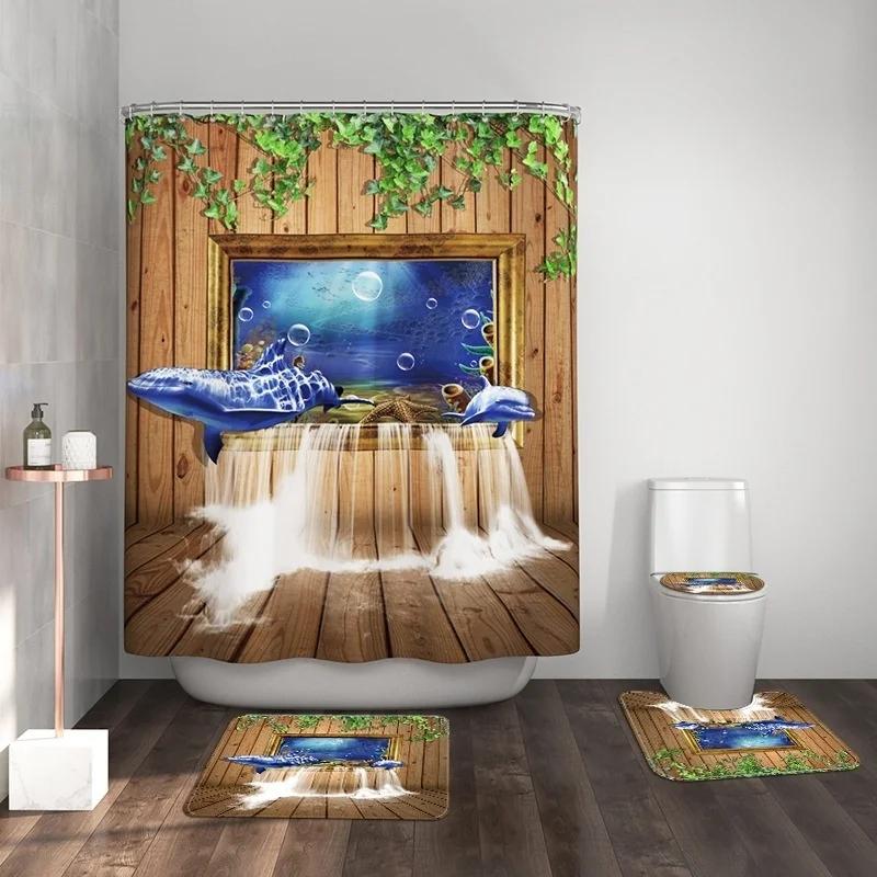 Подкладка для шторки для душа Ocean, Шторка для душа на морскую тематику с 12 крючками, Моющаяся водонепроницаемая шторка для душа с дельфинами для декора ванной комнаты