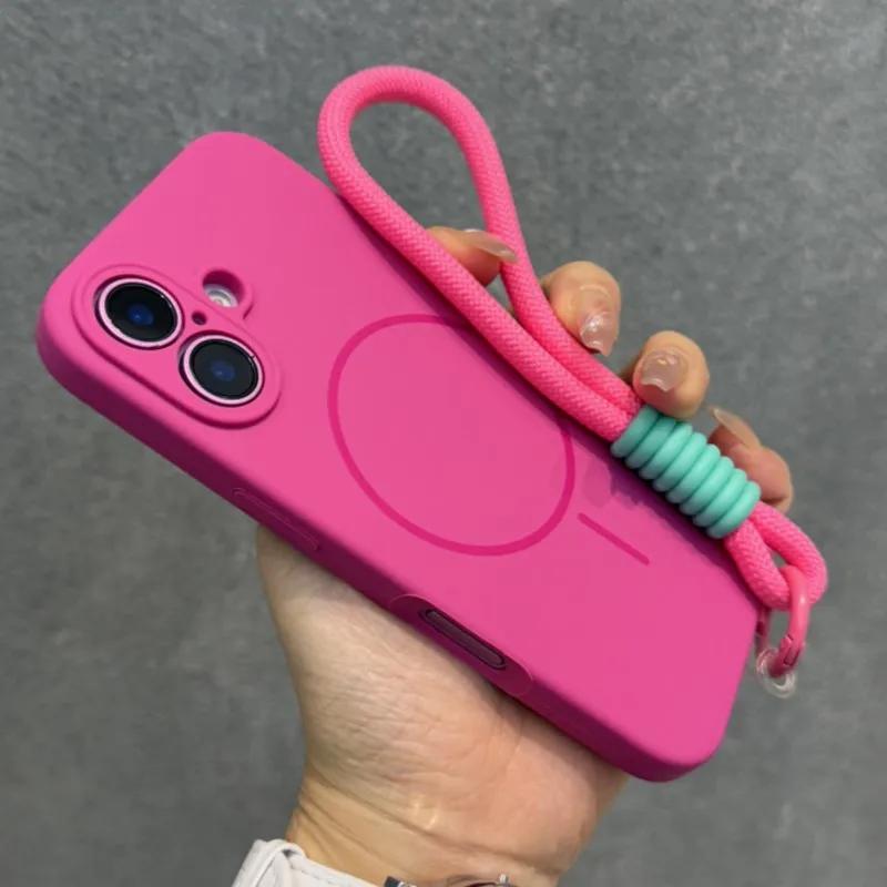 Оригинальный чехол Candy из жидкого силикона с MagSafe для iPhone 17 16 15 14 13 12 Pro Max, мягкий, противоударный, с магнитной ремешком-шнурком