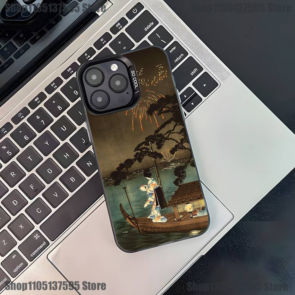 Чехол для телефона в японском стиле Укиё-э для iPhone 17,16,15,14,13,12,11,Pro,XS,Max,Plus,Mini,SE4,E Черный Матовый Ударопрочный Чехол