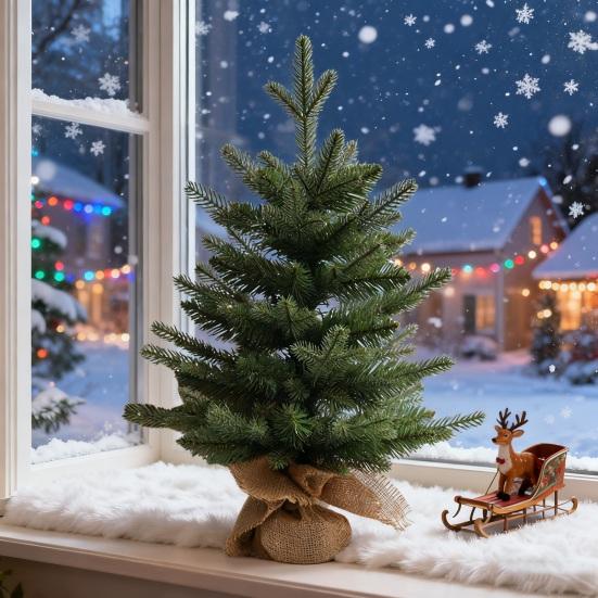 Искусственная мини-елка Маленькая рождественская сосна с мешковинной основой Настольная зеленая/заснеженная рождественская елка для настольного центрального элемента