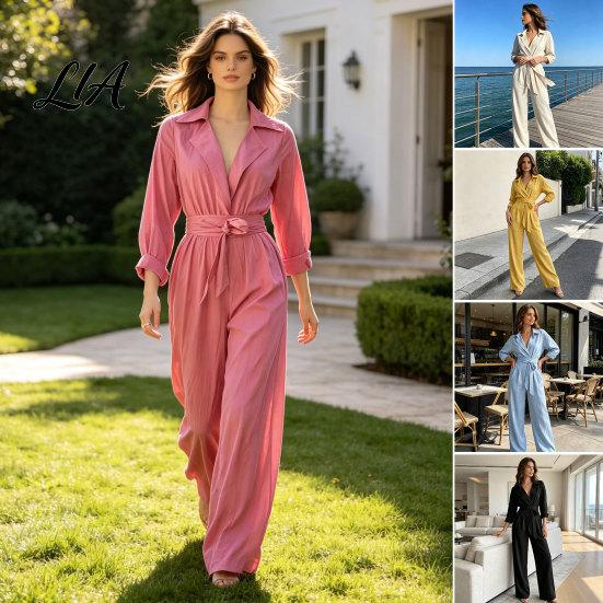 Collared Long Sleeves Jumpsuit Women V Neck Jumpsuit, One Piece Romper with Dressy Casual Fall Outfits Belt, Solid Color Wide Leg Pants Lady