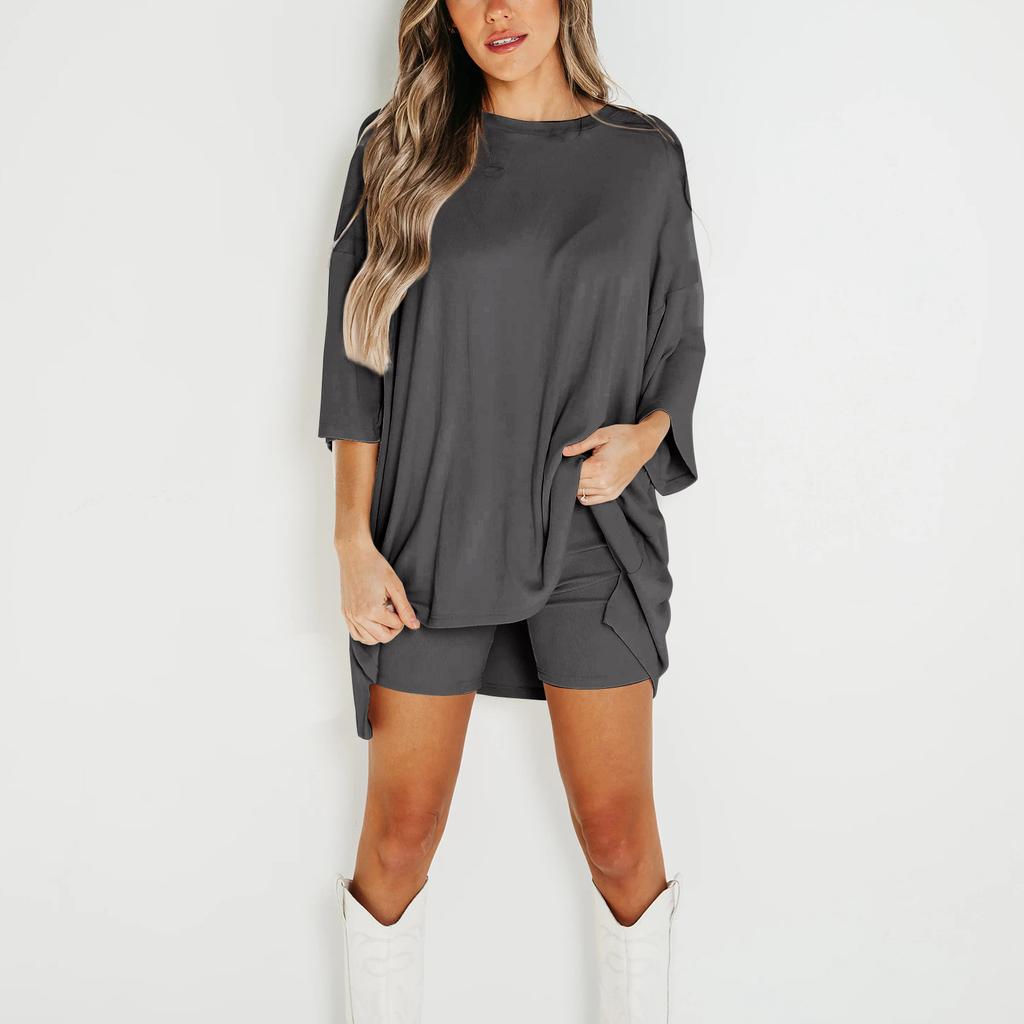 Женский летний комплект из 2 предметов с круглым вырезом и короткими рукавами, с заниженными плечами, топ для больших детей и узкие байкерские шорты для йоги, комплект