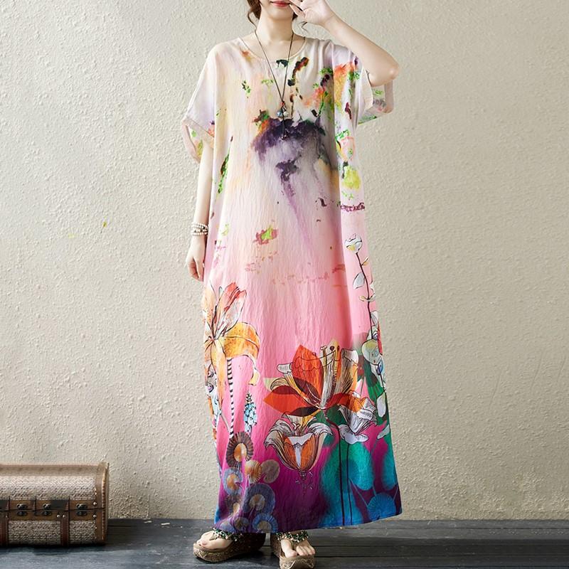 Новые женские платья с коротким рукавом больших размеров в винтажном стиле с цветочным принтом, повседневное свободное длинное летнее платье макси