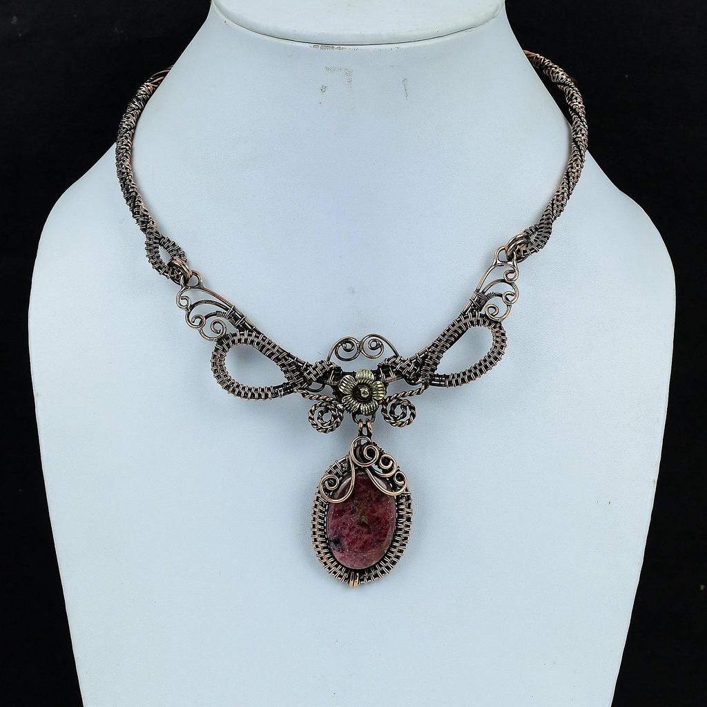 Родонитовая подвеска, ювелирное изделие из драгоценного камня, подвеска, обернутая медной проволокой 999 пробы, регулируемая цепочка ручной работы, подарок для жены, ювелирное изделие