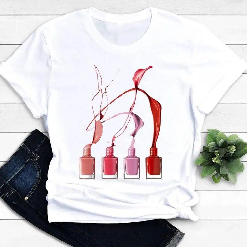 Women T-shirts Nail Art Lovely Spring Short Sleeve Ladies Fashion Casual Clothing Cartoon Clothes Female Tee Graphic Tshirt