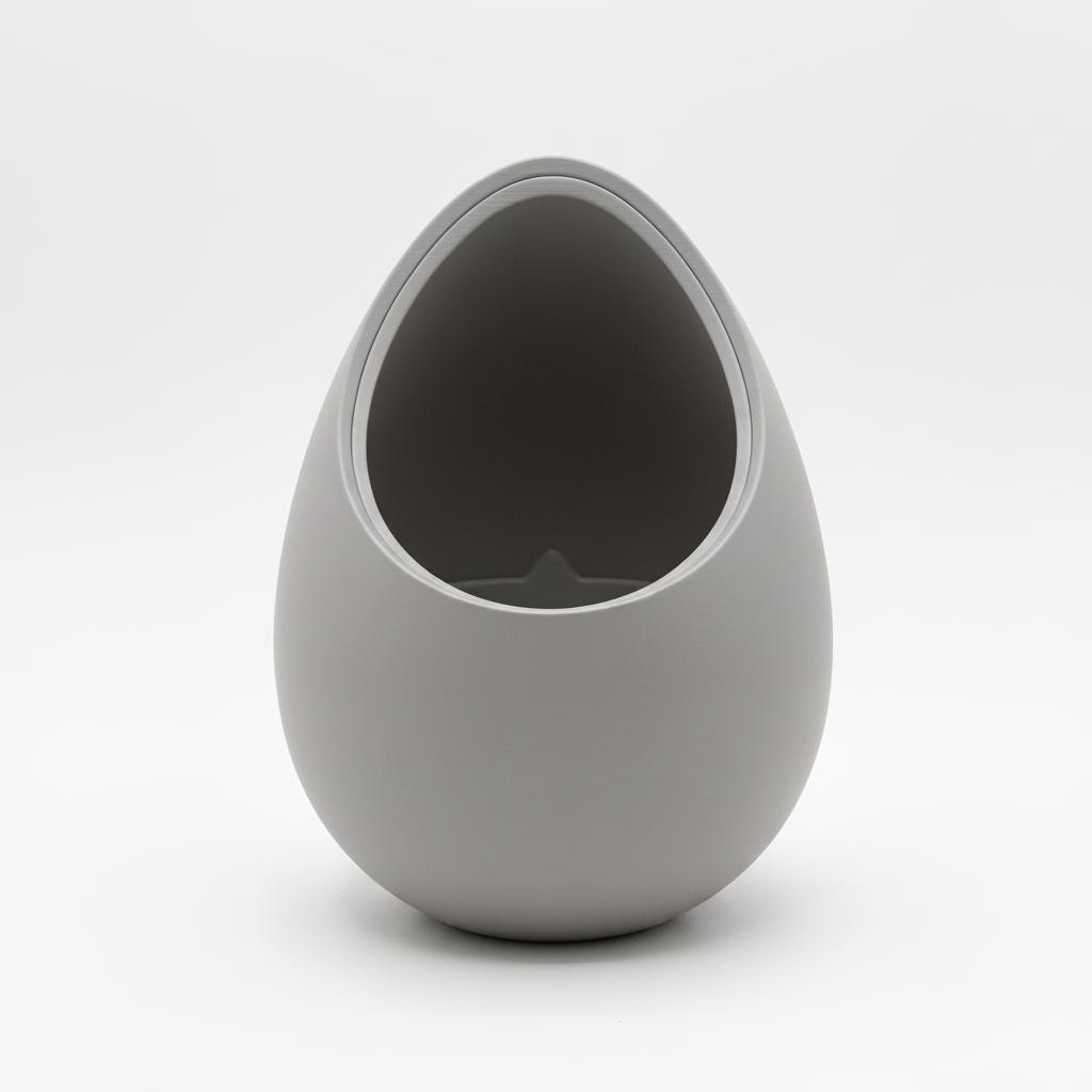 A modern, decorative gray plant pot in the shape of a nest for plants.