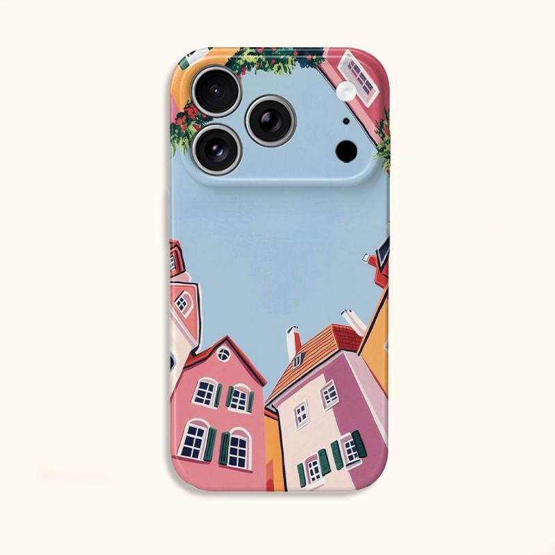 Pastel Colorful Town Landscape Graphic Art Film Aesthetic Protective Shockproof Bumper Phone Case Cover For iPhone 14 15 16 Pro Max Plus