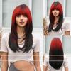 Women's Front Lace Heat Resistant Synthetic Fiber Cosplay Wig with Blunt Bangs Ladies Straight Long Gradient Black To Red Wig