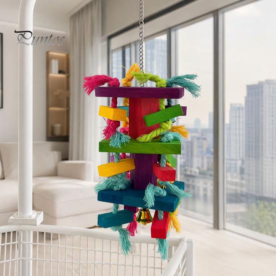 Многослойная игрушка для птиц, жевательная для попугаев, макао, африканских серых попугаев, цветной деревянный пазл-блок с прочными хлопковыми кисточками, подвесная интерактивная