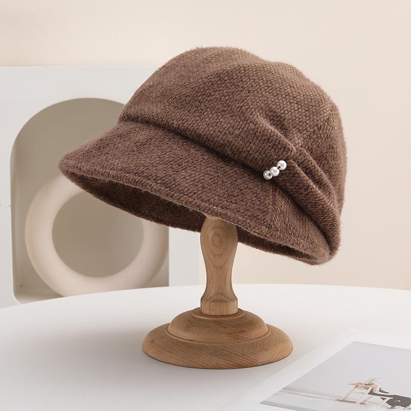 Pearl Baotou stacking hat children's autumn and winter new wide brim shows small face temperament elegant warm basin hat tide