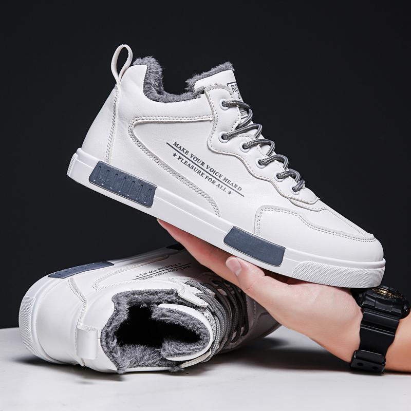 Теплые зимние трендовые мужские высокие хлопковые кроссовки для студентов, повседневная обувь для прогулок и бега, скейтборд, кожаные ботинки
