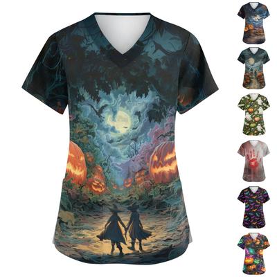 Женская мода V-образный вырез короткий рукав комбинезон с карманами принт топы одежда