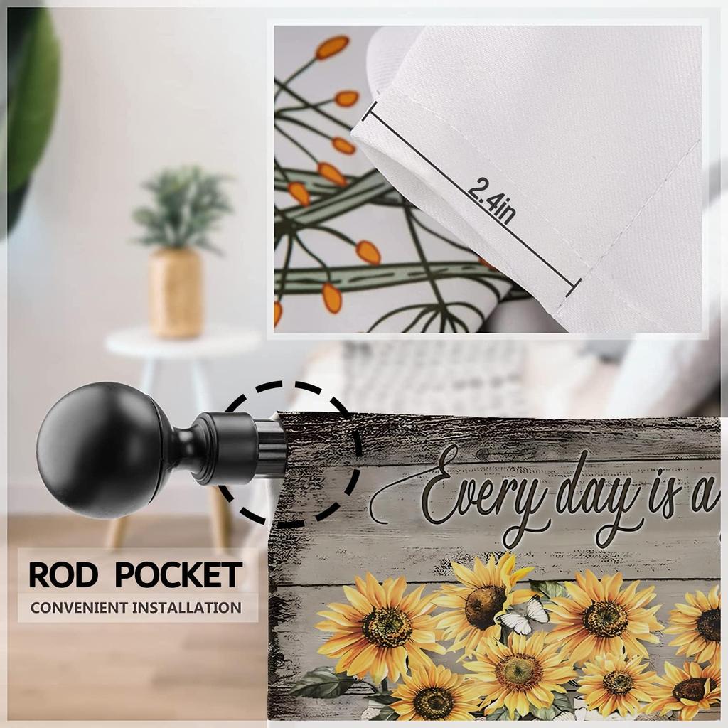 Sunflower Mason Jar Curtains Inspirational Quote Print for Farmhouse Kitchen Window Decor