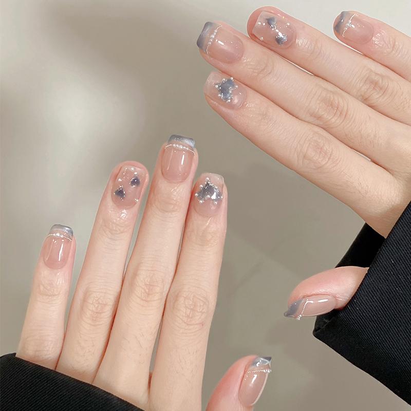 10Pcs Sweet Blue Nude Short Round Fake Nails Shiny Aurora Butterfly Cat Eye Press On Nails Summer Dopamine