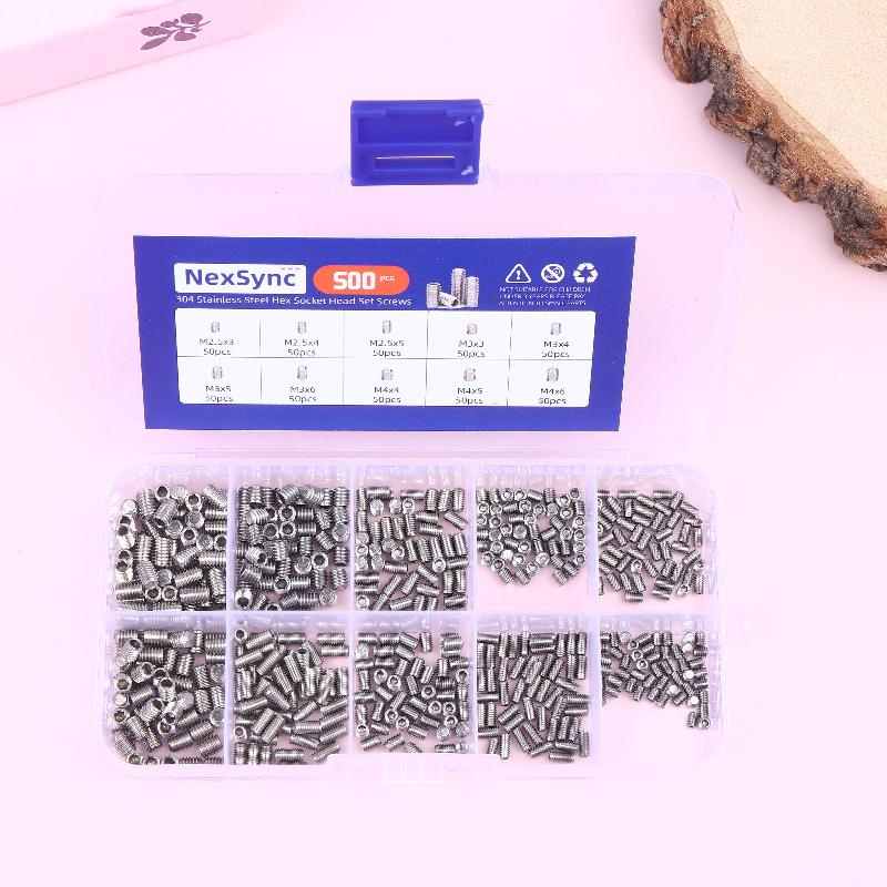 500 шт. M2.5 M3 M4 DIN913 Нержавеющая сталь 304 Черный Шестигранный Гексагон Socket Allen Плоский Конец Установочный Винт Набор Винтов Коробка