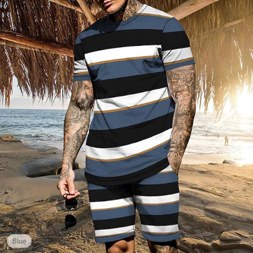 Летняя Мода Полоска 3D Принт Футболки Шорты Комплекты Мужские Спортивные Костюмы Оверсайз Короткий Рукав Футболка Брюки Комплект Одежда
