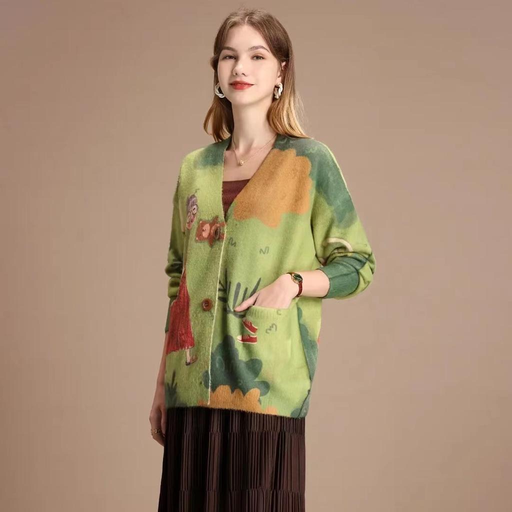 DIMANAF Новинка 2023 года, осенние свитера больших размеров, кардиган большого размера, женские свитера с цветочным принтом и мультяшным принтом, вязаный свободный свитер