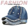 Skull Head Rhinestone Denim Baseball Cap With Hole Diamond Cowboy Duck Tongue Couple Sun Hat Co931-1 Navy Blue