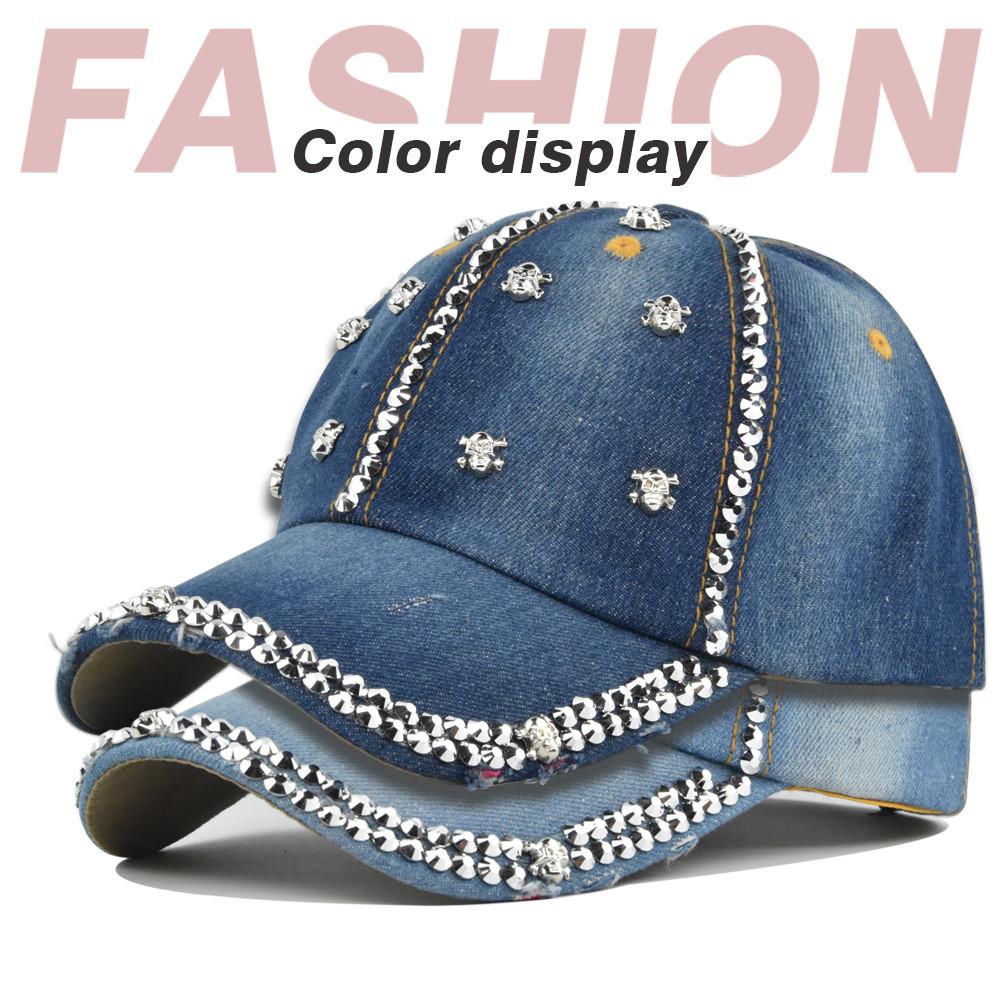 Skull Head Rhinestone Denim Baseball Cap With Hole Diamond Cowboy Duck Tongue Couple Sun Hat Co931-1 Navy Blue