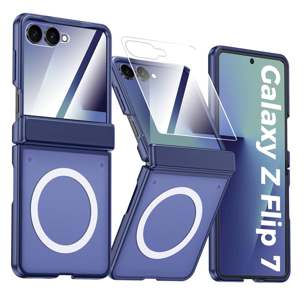 Magnetic Matte Protective Case with Tempered Glass Screen Protector and Hinge Protection for Samsung Galaxy Z Flip 7-Blue