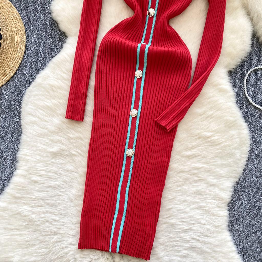 Autumn Winter Women Knitted Dresses 2024 Vintage Patchwork Striped Long Sleeve Bodycon Sexy Chic Long Dress