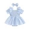 Baby Girls 2 Piece Set, Square Neck Short Sleeve Frill Trim Plaid Romper Dress + 3D Bow Headband Infant Toddler Summer Clothes