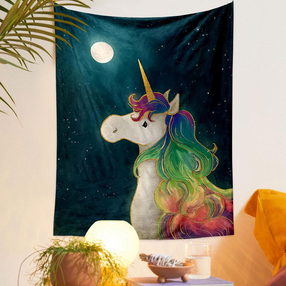 "Rainbow Unicorn Under Moonlit Sky" Patterned tapestry home decor, suitable for bedroom and living room, gift