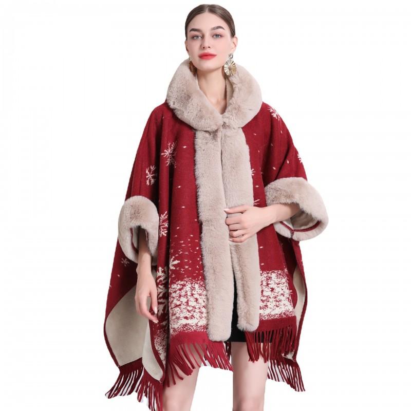 Женский oversized клетчатый вязаный кейп-шаль с флисовой подкладкой и меховой отделкой, с капюшоном, зимний накидной плащ