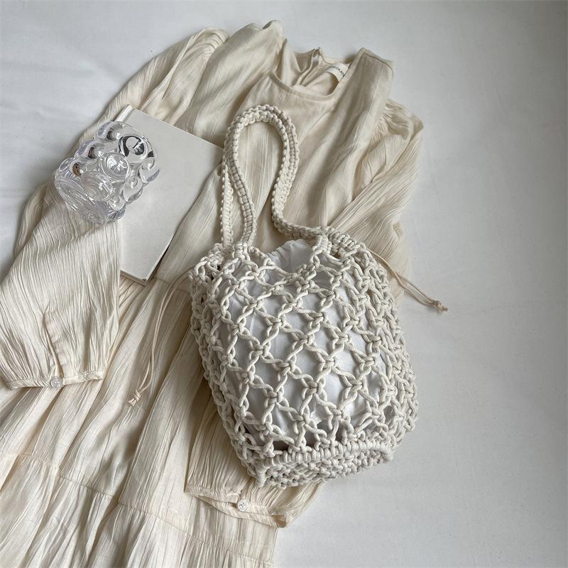 Летняя пляжная сумка для женщин, сетчатая веревочная вязаная сумка-ведро на плечо, сетчатые полые дорожные сумки-шопперы, женские модные сумки