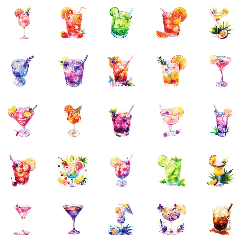 50 Красивых Акварельных Серий Различные Коктейльные Напитки Граффити Наклейки Водонепроницаемые Наклейки