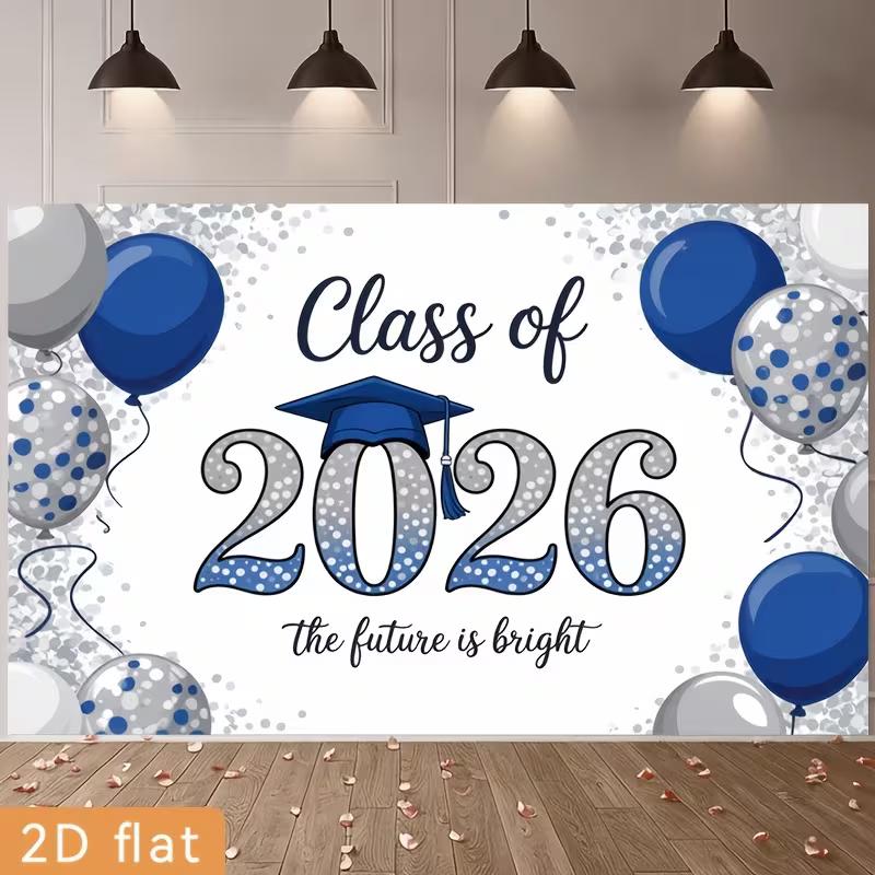 2D Class of 2026 Blue Silver Graduation Photo Booth Background Cloth